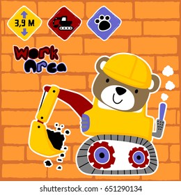 Cute bear driving construction vehicle with construction sign on brick background, vector cartoon illustration