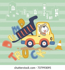 cute bear driving dump truck on buildings background, vector cartoon illustration