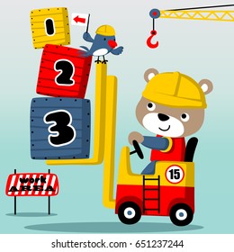 Cute bear driving forklift with little bird, vector cartoon illustration