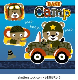 Cute bear driving military car, lion with elephant wearing military cap, vector cartoon illustration