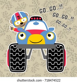 Cute bear driving monster truck on finish flags background pattern, vector cartoon illustration