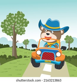 Cute bear driving off road car go to forest funny animal cartoon. Creative vector childish background for fabric, textile, nursery wallpaper, poster, card, brochure. and other decoration.