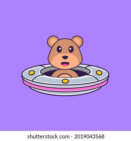 Cute bear Driving Spaceship Ufo. Animal cartoon concept isolated. Can used for t-shirt, greeting card, invitation card or mascot.