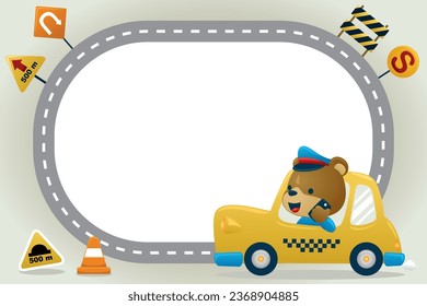 Cute bear driving taxi while make a call. Transportation elements with blank sign. Vector cartoon illustration
