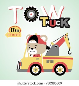 Cute bear driving tow truck, vector cartoon illustration