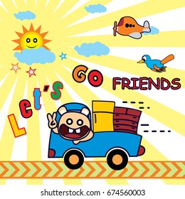 Cute Bear Driving truck, kids t shirt design. Vector Cartoon illustration
