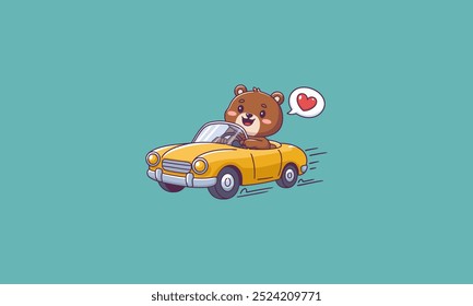 Oso lindo que conduce un coche amarillo con el símbolo del corazón