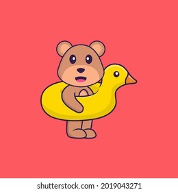 Cute bear With Duck buoy. Animal cartoon concept isolated. Can used for t-shirt, greeting card, invitation card or mascot.