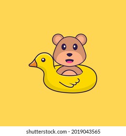 Cute bear With Duck buoy. Animal cartoon concept isolated. Can used for t-shirt, greeting card, invitation card or mascot.