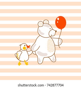 Cute bear and duck friends with balloon vector illustration for print. Funny kid animals on striped background for fabric textile and wallpaper design.
