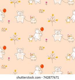 Cute bear and duck friends seamless vector pattern. Funny kid animal repeat background for fabric textile and wallpaper design.