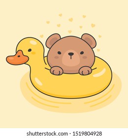 Cute bear in a duck life ring cartoon animal character vector. Cartoon character design.