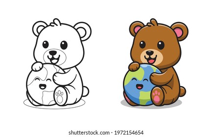 Cute bear with earth cartoon coloring pages