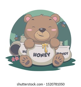 Cute Bear Eat Sweet Honey, with Bee, flower, forest Vector Illustration