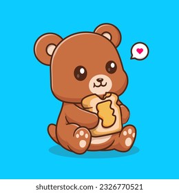 Cute Bear Eating Bread With Honey Jam Cartoon Vector Icon Illustration. Animal Food Icon Concept Isolated Premium Vector. Flat Cartoon Style