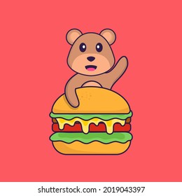 Cute bear eating burger. Animal cartoon concept isolated. Can used for t-shirt, greeting card, invitation card or mascot.