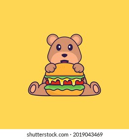 Cute bear eating burger. Animal cartoon concept isolated. Can used for t-shirt, greeting card, invitation card or mascot.