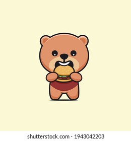 cute bear is eating burger cartoon mascot