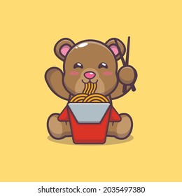Cute bear eating delicious noodles. Cute animal cartoon illustration. Flat isolated vector illustration for posters, brochures, web, mascots, stickers, logos and icons.