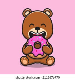 Cute bear eating doughnut cartoon vector icon illustration. Animal food icon concept isolated premium vector. Flat cartoon style