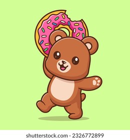 Cute Bear Eating Doughnut Cartoon Vector Icon Illustration. Animal Food Icon Concept Isolated Premium Vector. Flat Cartoon Style