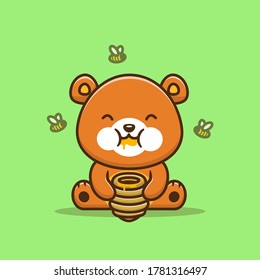 Cute Bear Eating Honey With Bee Cartoon Vector Icon Illustration. Animal Food Icon Concept Isolated Premium Vector. Flat Cartoon Style