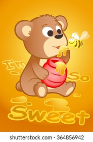 Cute bear eating honey with a bee .