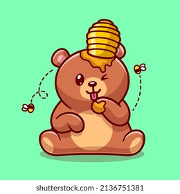 Cute Bear Eating Honey Cartoon Vector Icon Illustration. Animal Nature Icon Concept Isolated Premium Vector. Flat Cartoon Style