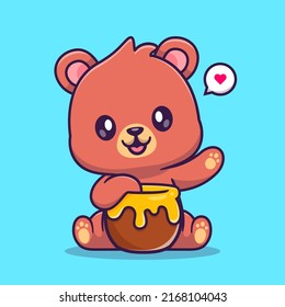 Cute Bear Eating Honey Cartoon Vector Icon Illustration. Animal Nature Icon Concept Isolated Premium Vector. Flat Cartoon Style