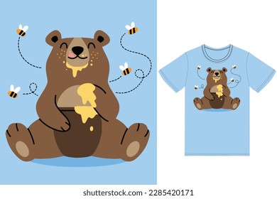 Cute bear eating honey illustration with tshirt design premium vector the Concept of Isolated Technology. Flat Cartoon Style Suitable for Landing Web Pages,T shirt, Flyers, Stickers