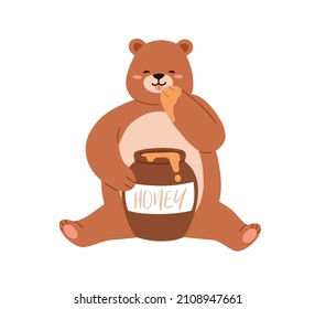 Cute bear eating honey from paw. Happy teddy with pot. Funny baby animal and honeypot. Positive lovely childish character, sweet-tooth. Kids flat vector illustration isolated on white background