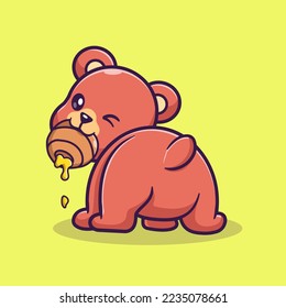 Cute Bear Eating Honeycomb Cartoon Vector Icon Illustration. Animal Nature Icon Concept Isolated Premium Vector. Flat Cartoon Style