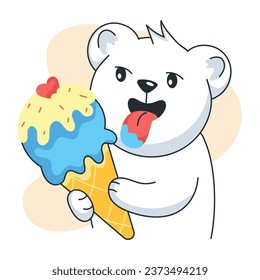 Cute bear eating ice cone, flat style sticker 