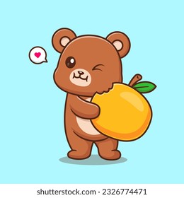 Cute Bear Eating Orange Fruit Cartoon Vector Icon Illustration. Animal Food Icon Concept Isolated Premium Vector. Flat Cartoon Style