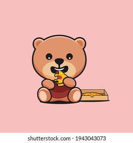 cute bear is eating pizza cartoon mascot
