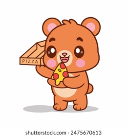 Cute Bear Eating Pizza Cartoon Vector Icon Illustration. Animal Food Icon Isolated Premium Vector. Cartoon Style