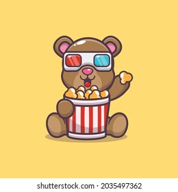 Cute bear eating popcorn while watching movie. Cute animal cartoon illustration. Flat isolated vector illustration for posters, brochures, web, mascots, stickers, logos and icons.