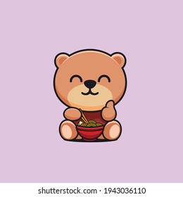 cute bear eating ramen cartoon mascot