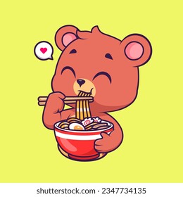 Cute Bear Eating Ramen Noodle Cartoon Vector Icon Illustration. Animal Food Icon Concept Isolated Premium Vector. Flat Cartoon Style