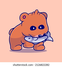 cute bear eating salmon fish illustration suitable for mascot sticker and t-shirt design