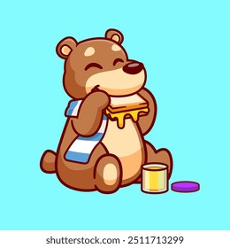 Cute Bear Eating Sandwich Cartoon Vector Icon Illustration. Animal Food Icon Concept Isolated Premium Vector. Flat Cartoon Style