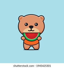 cute bear eating watermelon cartoon mascot