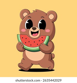 Cute Bear Eating Watermelon cartoon illustration