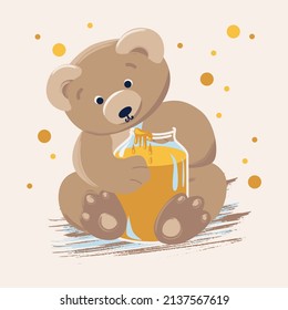 Cute bear eats honey from a jar
