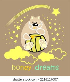 Der süße Bär isst Honig. Der Bär schläft zwischen den Sternen und Wolken mit einem Fass Honig. Kinderillustration für Pastellfarben. Vektorgrafik von süß, Honigträumen, Pastellfarben