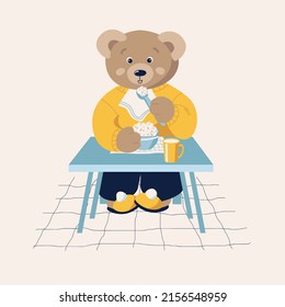 Cute bear eats porridge for breakfast, children's illustration