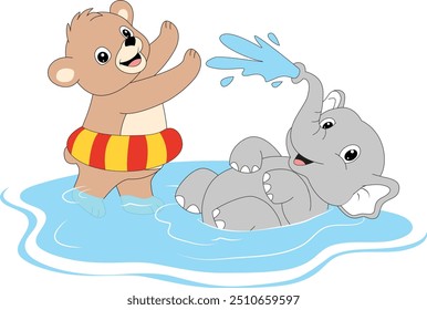 Cute Bear and Elephant having summer fun 