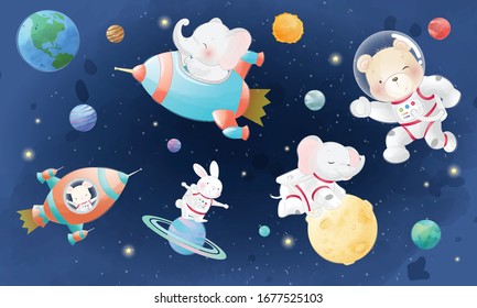 Cute bear ,elephant and little bunny flying in the galaxy