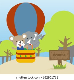 cute bear with elephant showing the direction to the forest drive hot air balloon