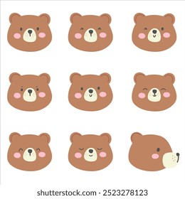 Cute Bear Emoji Set - Flat Style, 9 Emotions